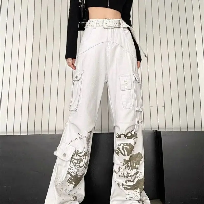 Overalls Multi-Pocket Pleated Women White Print Graphic Baggy Harajuku Oversize Denim Trousers Y2k Jean Pants Vintage Jeans