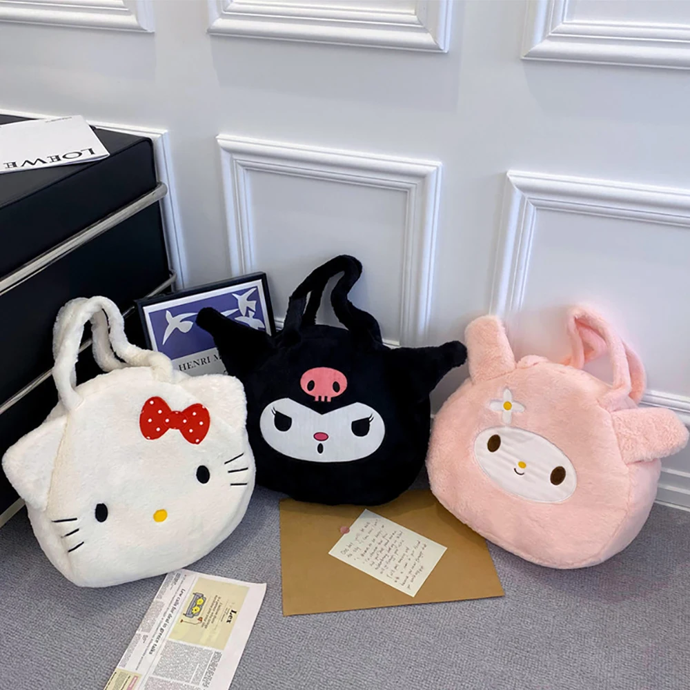 

Sanrio Plush Handbags Hellokitty Mymelody Kuromi Plush Shoulder Bags Large Capacity Tote Casual Simple Satchel Kawaii Backpacks