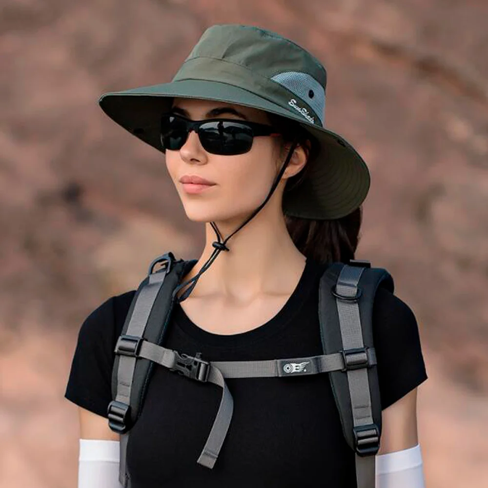 

Summer Outdoor Mesh Anti-UV Bucket Hat Breathable Letter Embroidered Sun Hat Folding Sun Protection Face Cap Ponytail Visor Hats