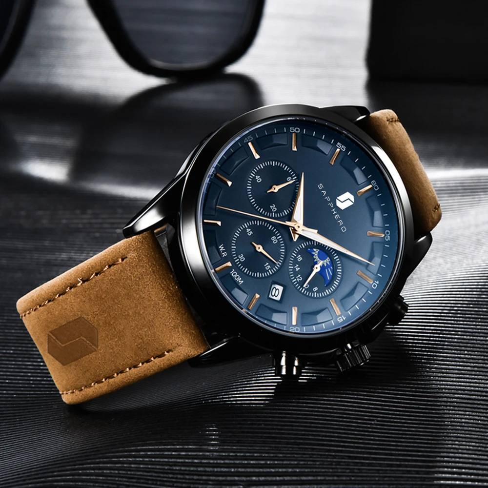 SAPPHERO Luxury Man Wristwatch Waterproof Luminous Stainless Steel  Wristwatch Quartz Chronograph Watch for Men Sport Male Clock