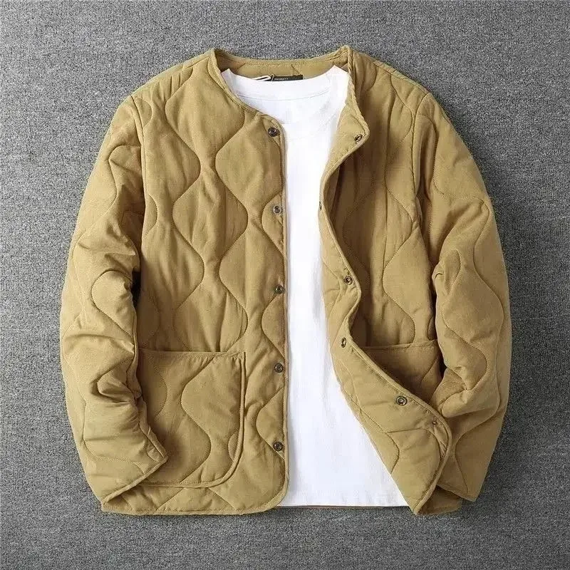 Autumn Winter O-neck Quilted Jacket Men's Versatile Army Green Retro Thickened Coat Men Techwear Button Up Oversize Jacket