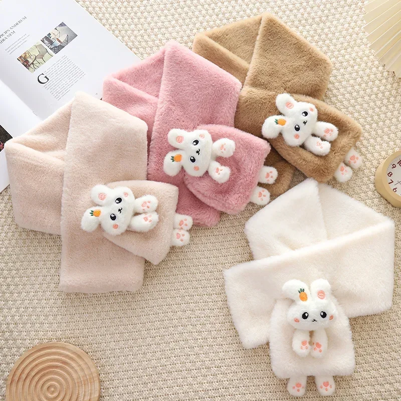 Baby Scarf 1pcs Boys Girls Winter Scarfs Thick Plush Cros Children's Bib Cute Cartoon Rabbit Faux Fur Neck Protection Warm Shawl
