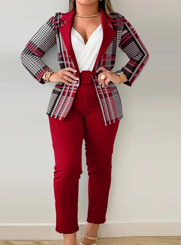 Plus Size Split Collar Suit Coat and Ombre Pants Set 2023 New Fashion Hot Selling Women's Single Button Long Sleeve