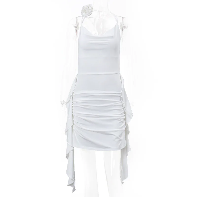 Vestido sexy sin espalda para mujer, con volantes, pliegues, liso, ajustado, minivestido de fiesta para mujer, sexy, con escote en V y cordones.