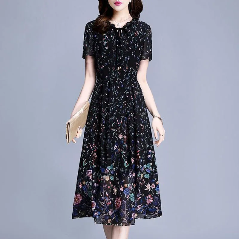 

Spring New Printing Ladies Clothes Fashion Casual 3/4 Sleeve Long Dress Women Summer Round Neck Bandage Vintage Floral Dress