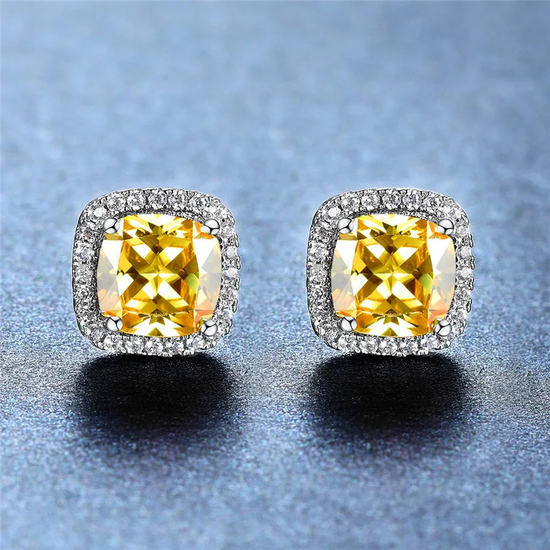 Cute Female Crystal Red Stone Stud Earrings Charm Silver Color Luxury Square Wedding Jewelry For Women