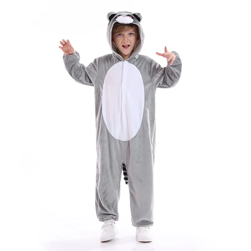 performance Animal Role Play raccoon Cosplay grey jumpsuit Costume Outfit Funny Kid Halloween tail