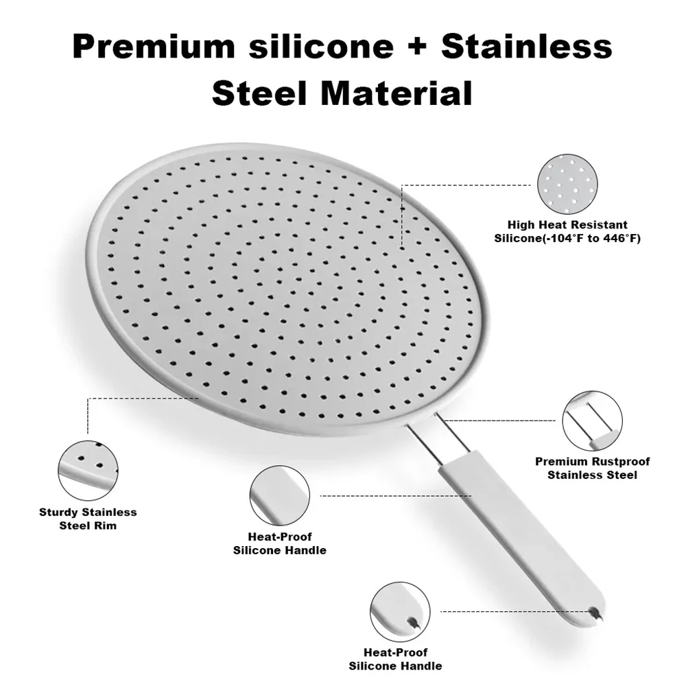 Description Picture 5 of itemSilicone Splatter Screen with Handle Heat-resisting Oil Splash Guard Drain Board Cover Kitchen Frying Pan Lid Cooking Tools
