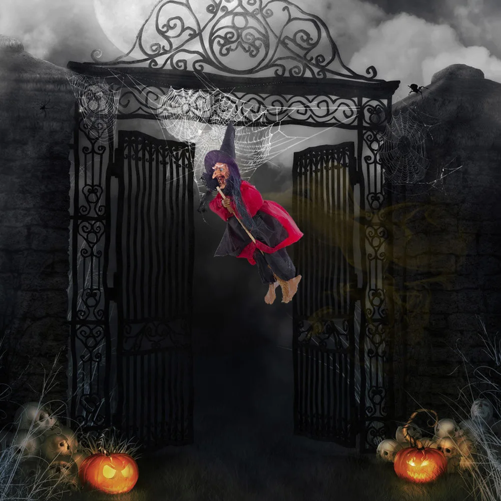 Halloween Hangende Heks Ghost Decoratie, Opknoping Geanimeerde Heks Bezem Pop Met Eng Geluid En Gloeiende Rode Ogen, Horror Opknoping Vliegende Heks