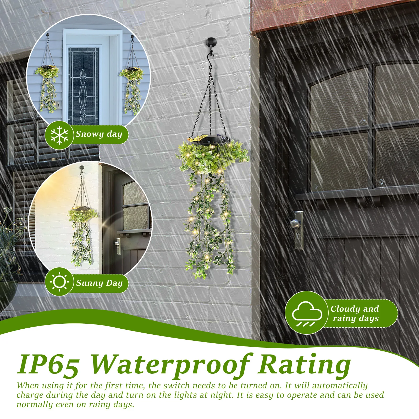 2Pcs Artificial Plant Solar Light IP65 Waterproof Faux Hanging Plant Patio Light with Hook for Outdoor Yard Garden Decoration