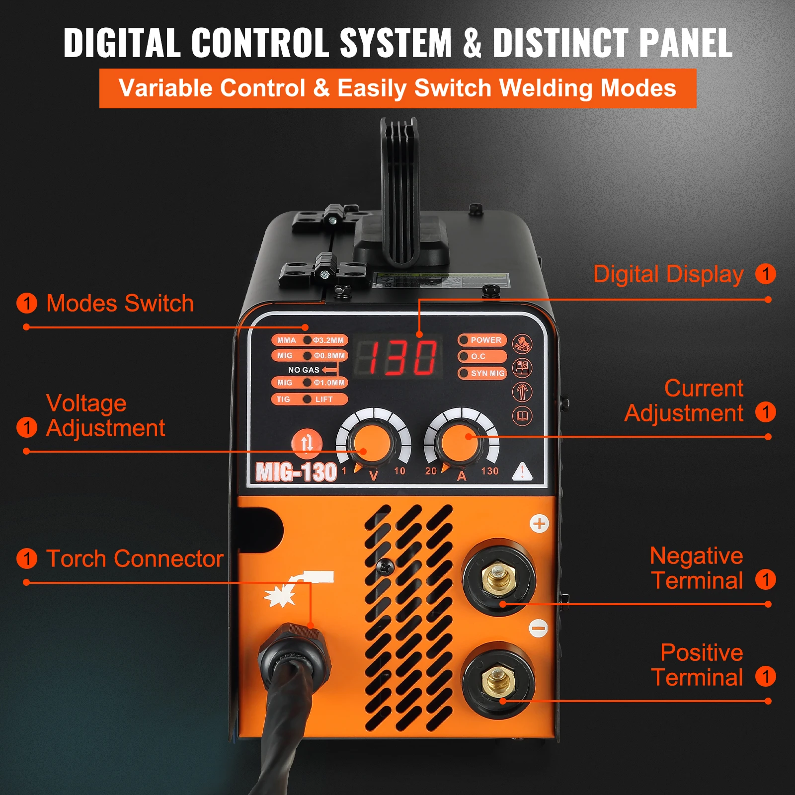 VEVOR MIG Welder 130A Portable Welding Machine 3 in 1 Combo MMA/MIG/LIFT TIG Flux Core Welder for Carbon Steel Stainless Steel 5