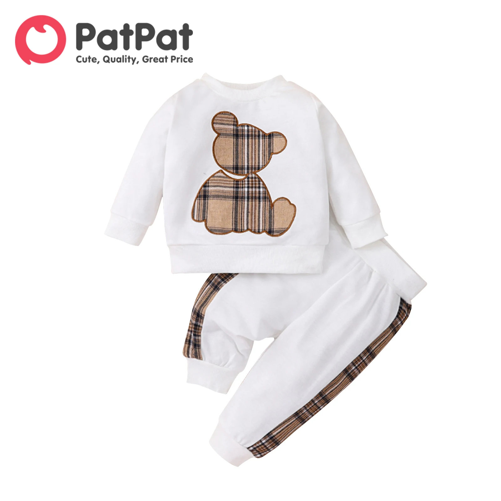 Baby Boy/Girl Long-sleeve Plaid Print Bear Embroidered Sweatshirt and Sweatpants Set 2pcs