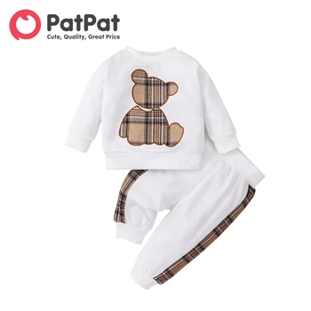 PatPat-긴소매 격자무늬 프린트 곰 자수 스웨트셔츠 및 스웨트팬츠 세트, 2 개입