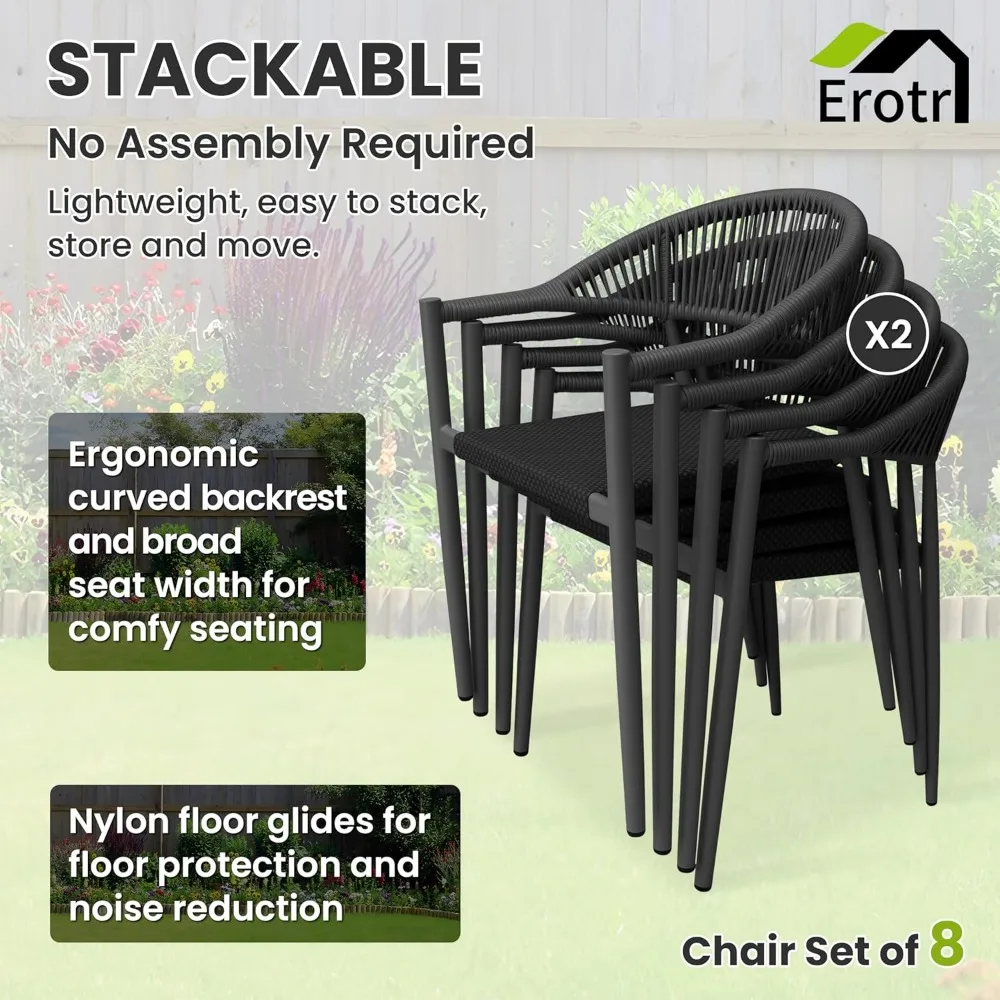 4 Pcs Stackable Dining Chairs, Aluminum Rattan Outdoor Dining Chair with Arms, Woven Rope Patio Armchair Metal No Assembly 5