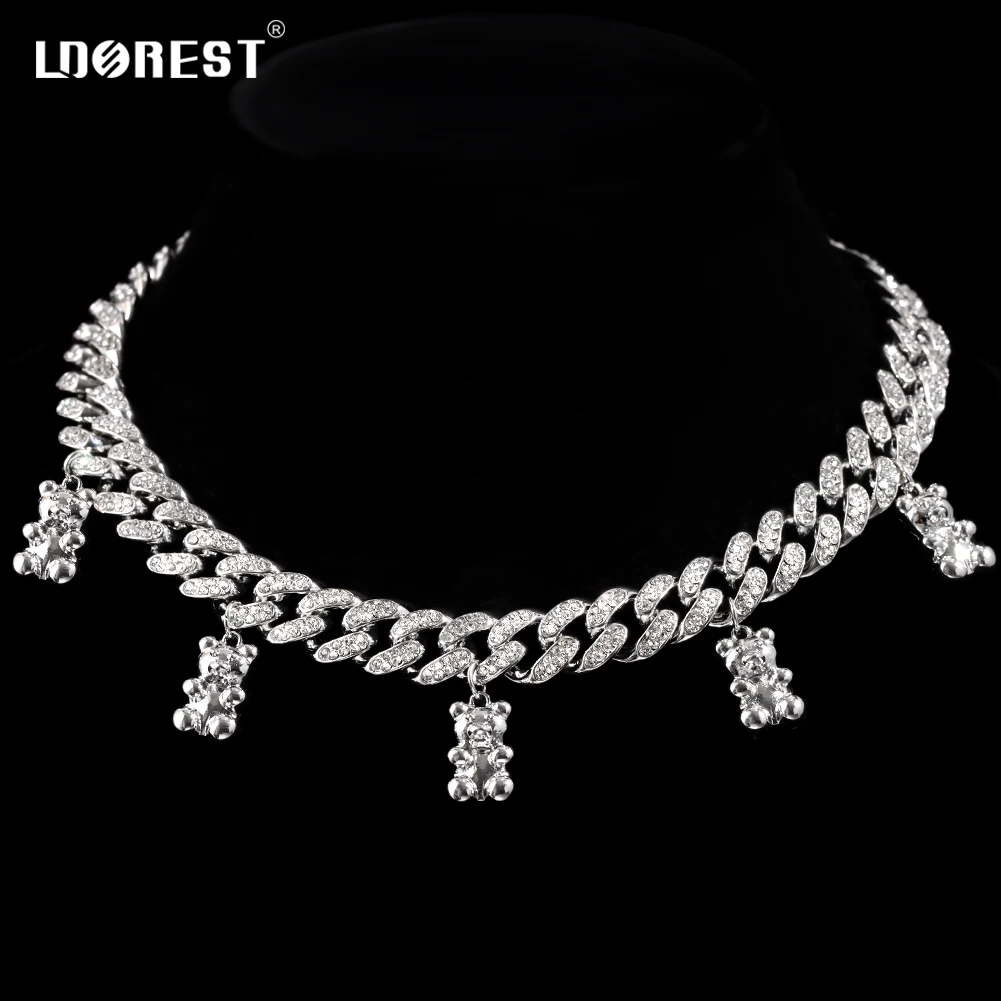 

Men Women 13MM Miami Curb Cuban Link Necklace Iced Out Crystal Rhinestones Cuban Link Chain Choker Bear Necklaces Trendy Jewelry
