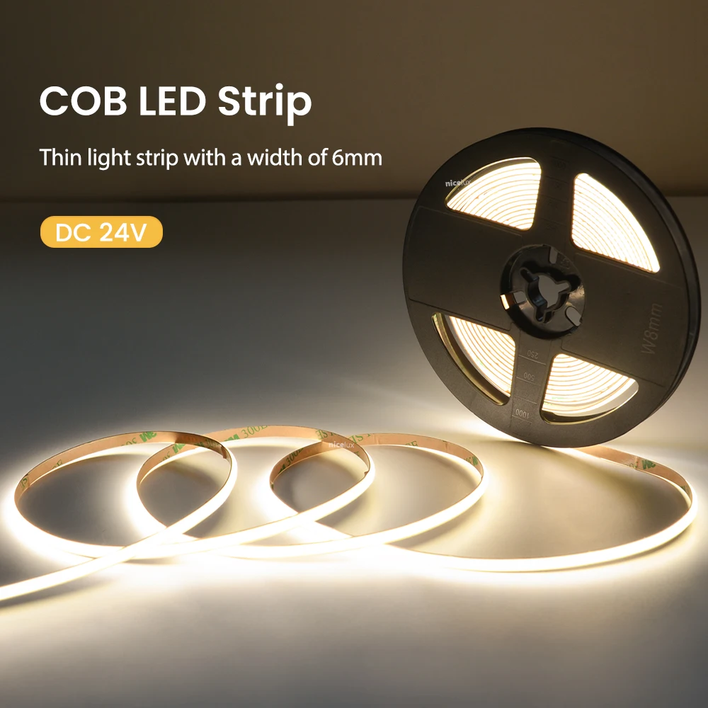 COB LED Light Strip 6mm 5M 480 LEDs COB Led Lights High Density Flexible Warm Nature Cool White RA90 Linear Dimmable DC12V 24V