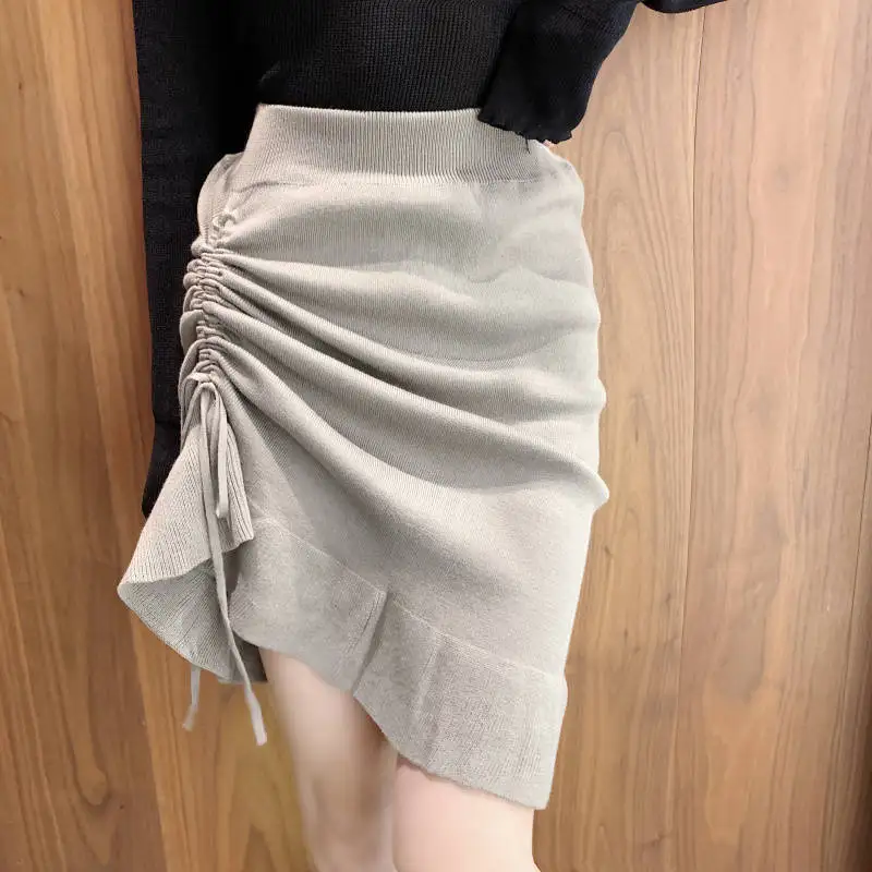 short skirt Korean Irregular Ruffles Drawstring Women Skirts High Waist High Waist Slim Knitted Faldas Mujer Vintage Streetwear Mini Skirt black pleated skirt