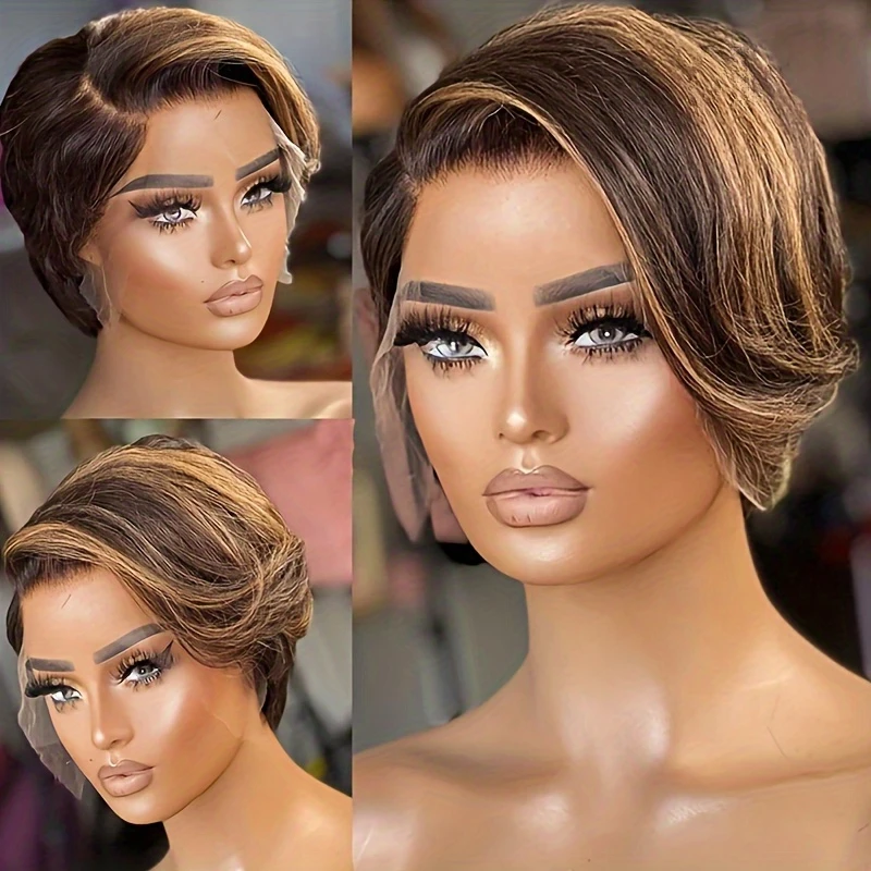 13*4*1T lace human hair wig pixie human hair wig short straight wigs 6inch 150% density pixie natural look