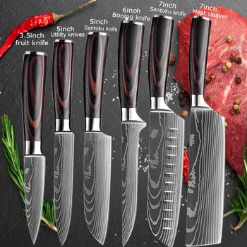 ดามัสกัสมีดเชฟชุดมีดครัว Professional Boning มีด Meat Cleaver มีดยูทิลิตี้ญี่ปุ่น Santoku มีดฝาครอบ 1