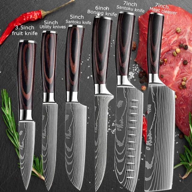 ดามัสกัสมีดเชฟชุดมีดครัว Professional Boning มีด Meat Cleaver มีดยูทิลิตี้ญี่ปุ่น Santoku มีดฝาครอบ 1
