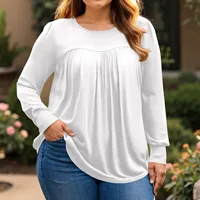 Plus Size Long Sleeved Tops Women's Spring and Autumn Round Neck Front Pleated Flowy Tunic Solid Color Casual Loose Blouse, L-5X