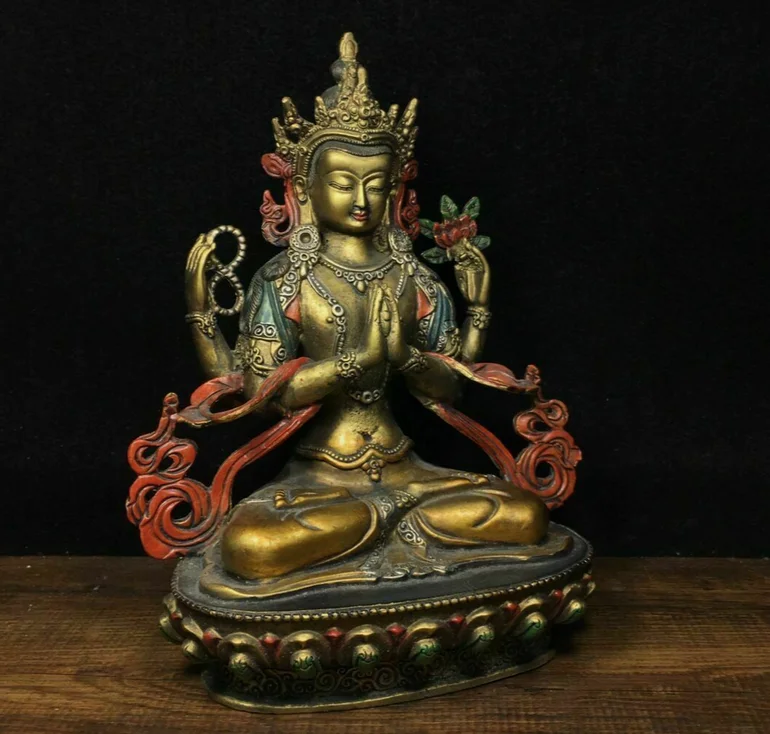 Tibet Buddhism Bronze Brass Louts 4 arms Chenrezig Buddha Statue Sculpture Q 3