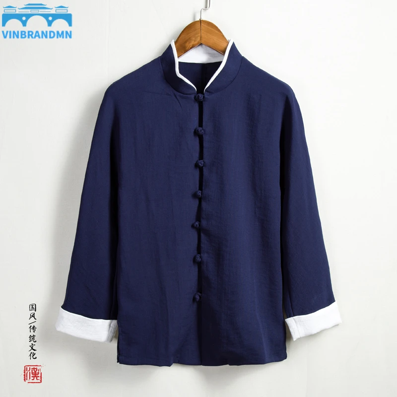 

Vinbrandmn Chinese Traditional Dress Plus Size Long Sleeve Shirt Men's Ethnic Style Solid Color Stand Collar Coat Men's Jacket