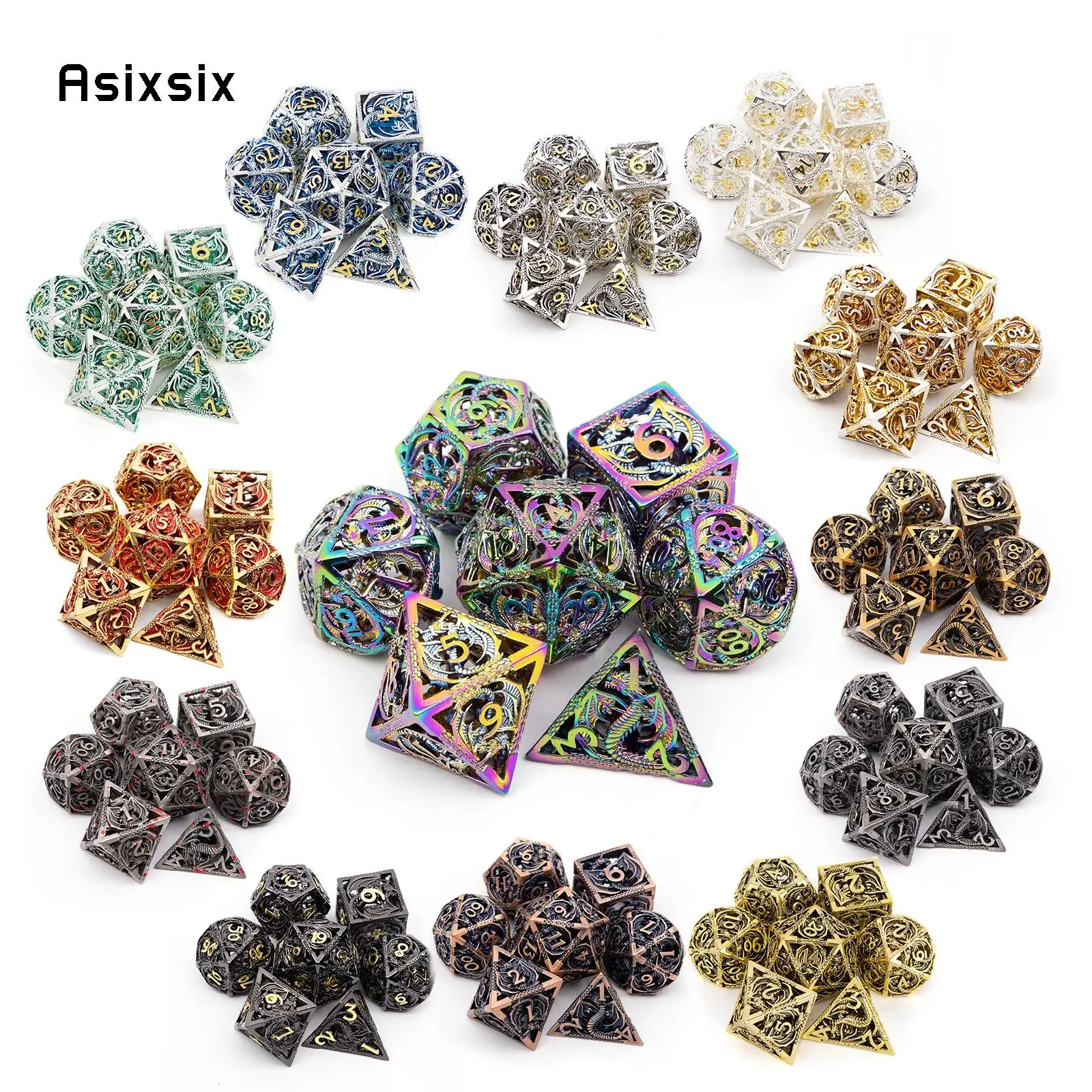 

7 Pcs All Kinds of Color Dragon Metal Dice Hollow Metal Polyhedral Dice Set Suitable for Role-Playing RPG Board Game Card Game