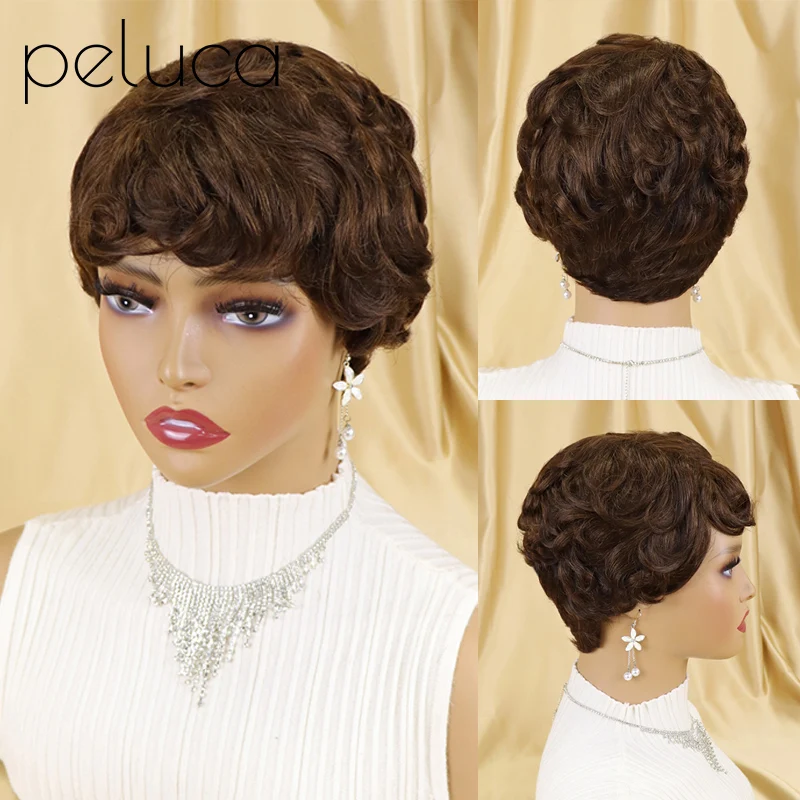 

Short Afro Curly Wigs Pixie Cut Human Hair Wig For Women Brazilian Remy Hair High Density Glueless Human Wig With Bangs No Lace