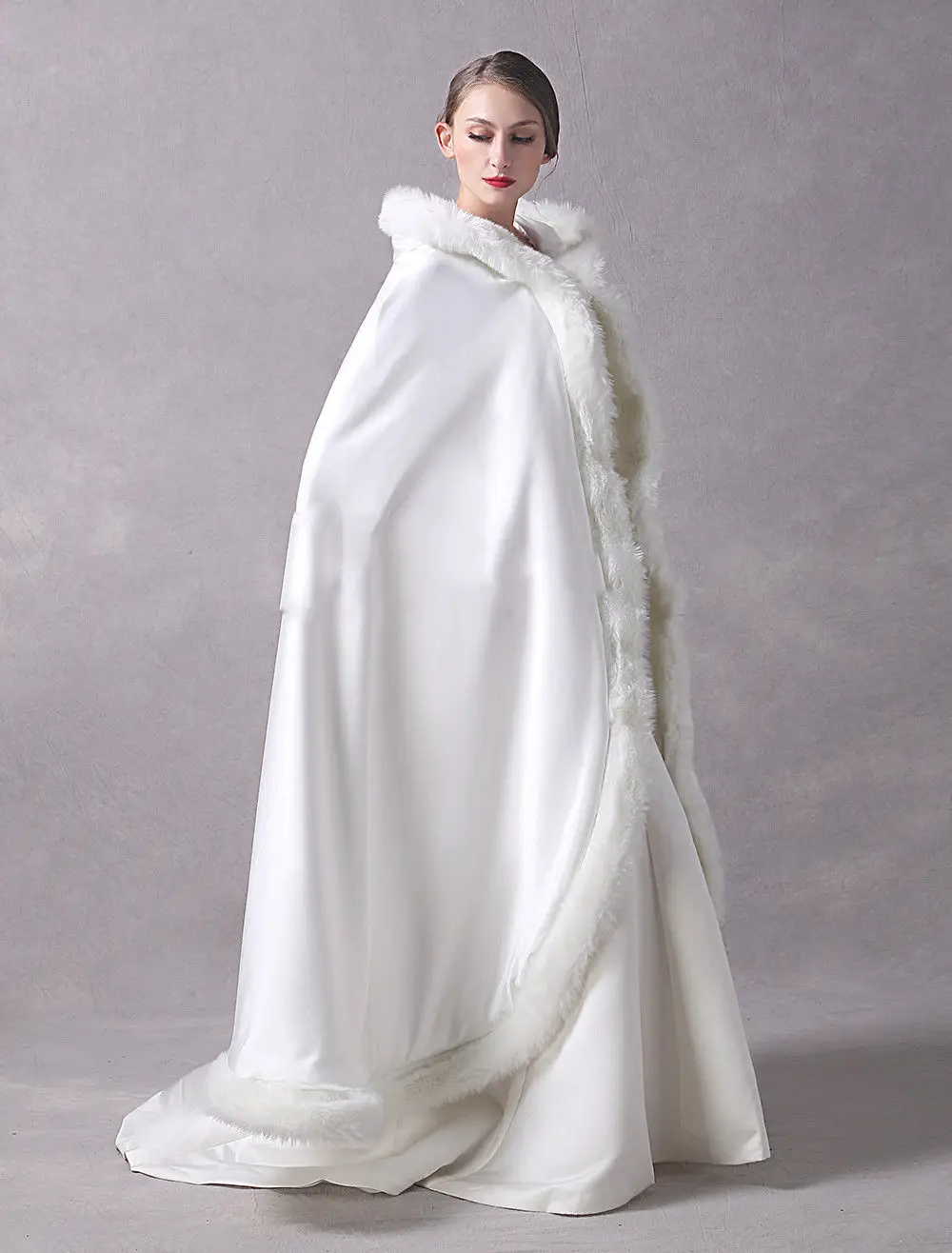 Long Wedding Party Cloak Women Coat Faux Fur Bride Winter Reversible Cape Hooded