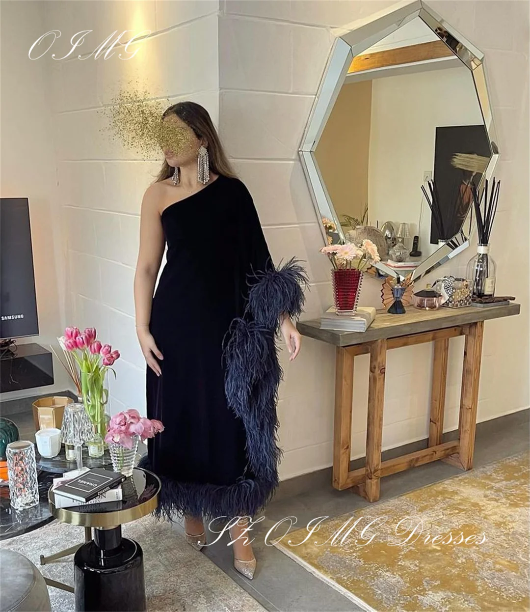 

OIMG One-Shoulder Prom Dresses Feathers Long Sleeves Women Vintage Black Simple Evening Gowns Occasion Formal Party Dress