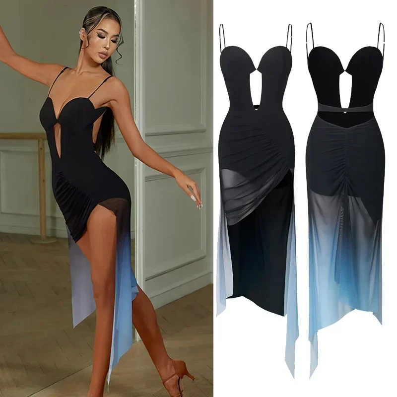 

2023 Latin Dance Dress Women Sexy Backless Irregular Dress Adult Cha Cha Rumba Tango Dance Performance Practice Clothes DNV18532