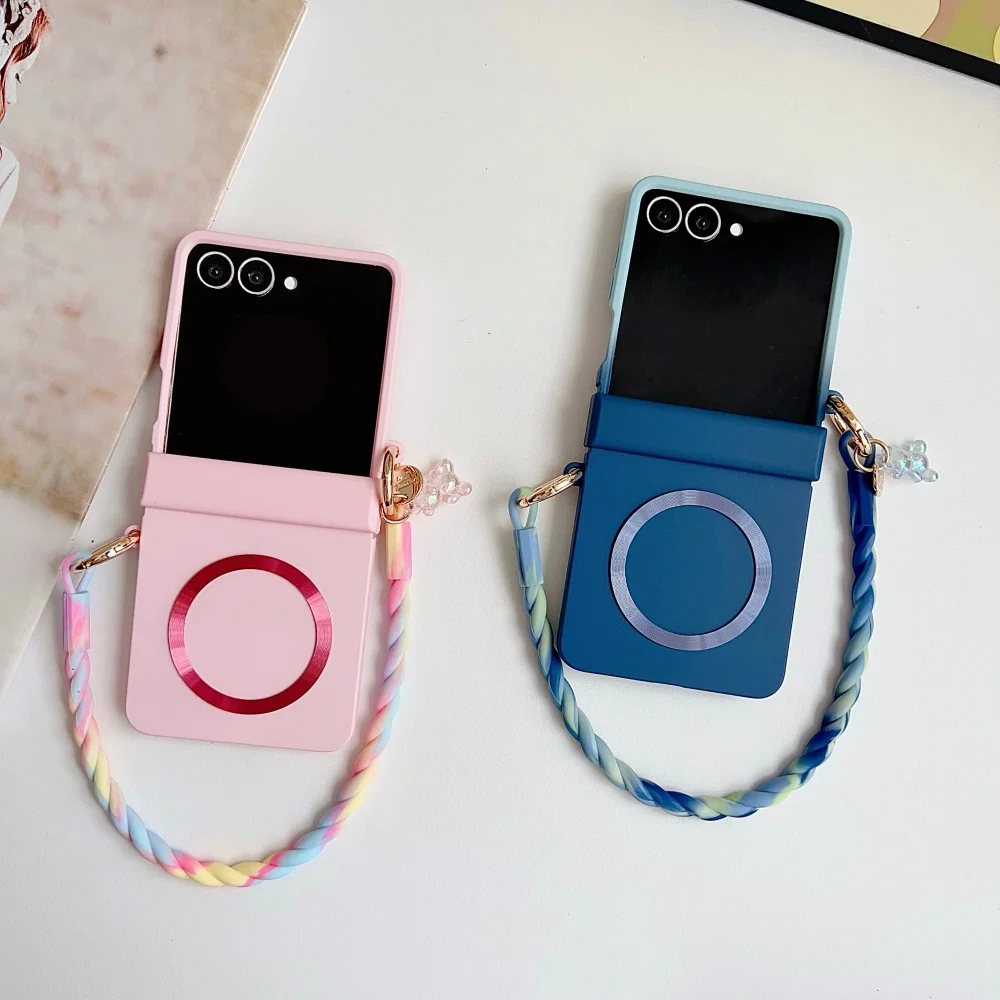 Gradient Candy Color Magnetic Phone Case with Hinge Protection and Wrist Strap