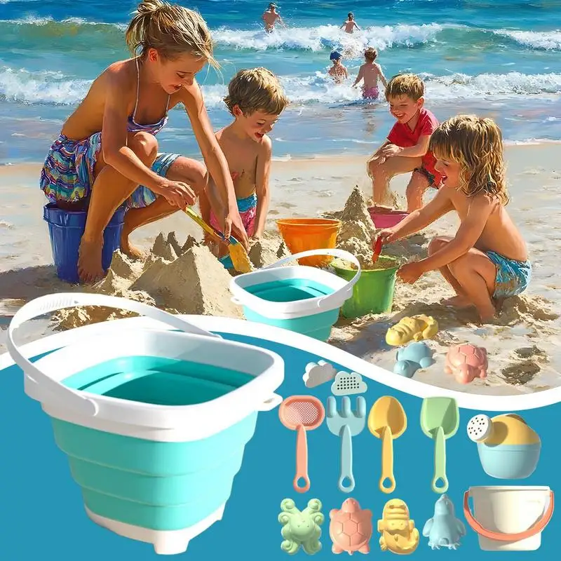 Sommerliches Strandspielzeug-Set für Kleinkinder: Sandkasten mit zusammenklappbarem Eimer, Schaufel, Rechen und Sandformen_voghion.com
