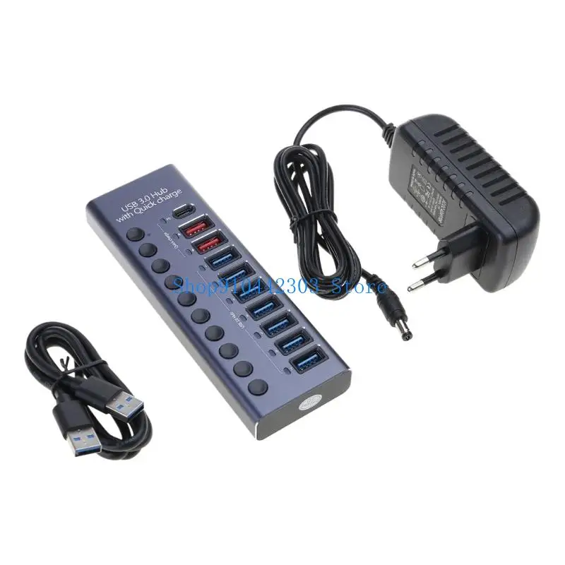 652F 9 Bağlantı Noktalı USB + Type C Hub Genişletici, Güç Anahtarları ve için LED Göstergesi ile