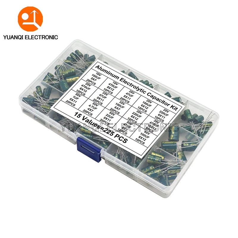 

225pcs/Box High Frequency Low ESR Aluminum Electrolytic Capacitor Kit 15Values 16V-50V 1uF-470uF Capacitance DIP Assorted Set