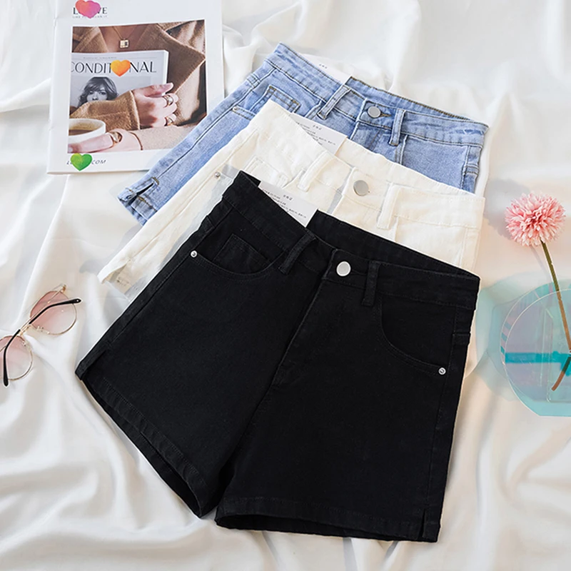 Women'S Casual Slit Denim Shorts High Waist Slim Button A Line Shorts Woman Summer Fashion Down Blue Washed  Pants Ladies New