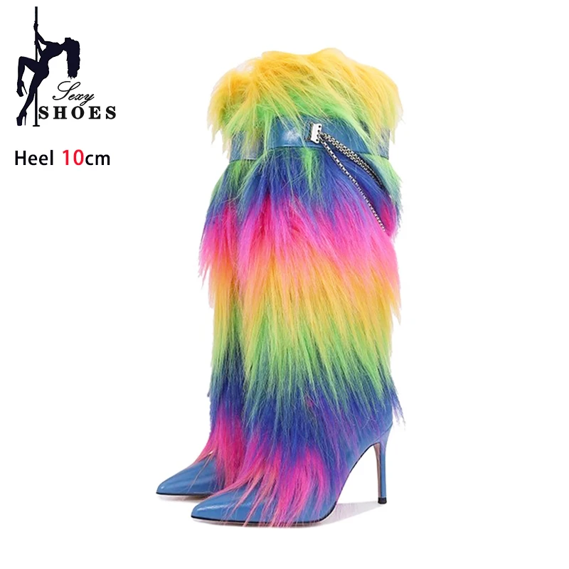 Fashion Fluffy Fur Knee Length Boots Elegant Female Party Shoes 6CM 10CM Stiletto Heels Winter Women Shoes Pointy Toe Long Boots