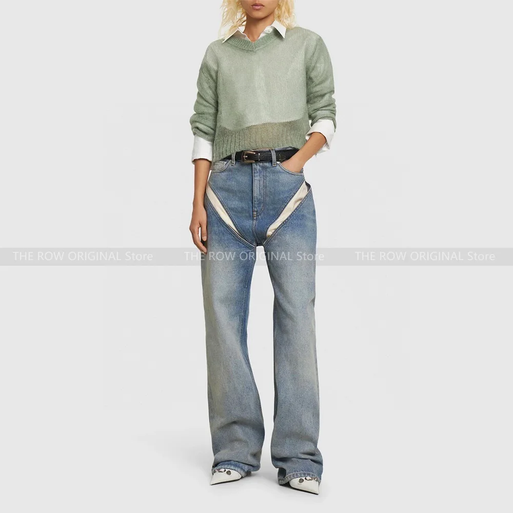 

Y2K Autumn and winter new women's niche fashion design Slim and thin hit the colour wash splicing jeans wide-legged trousers