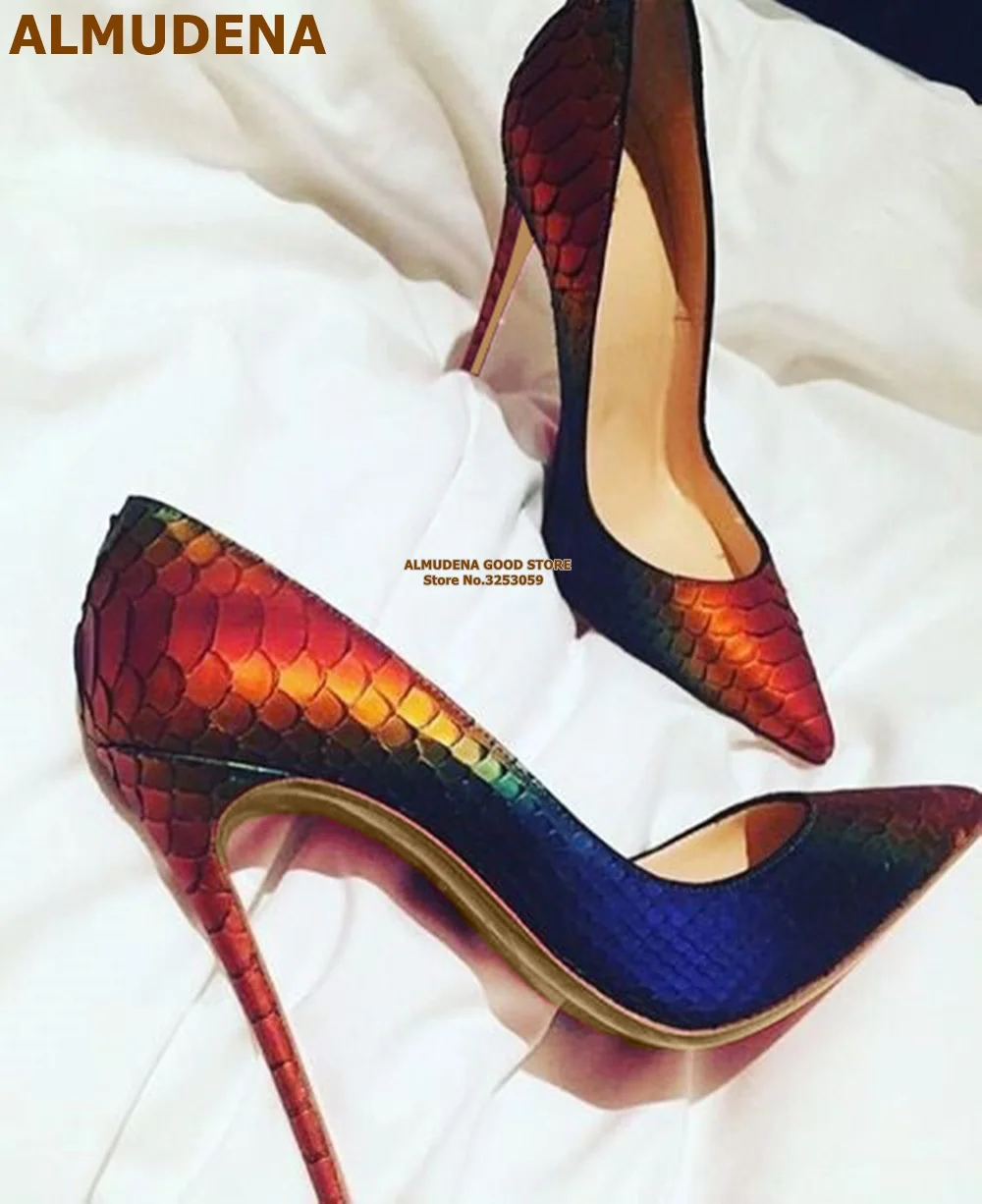 

ALMUDENA Sexy Gradient Color Snakeskin High Heel Shoes Red Green Blue Color Patchwork Python 12cm Dress Pumps Size45 Dropship