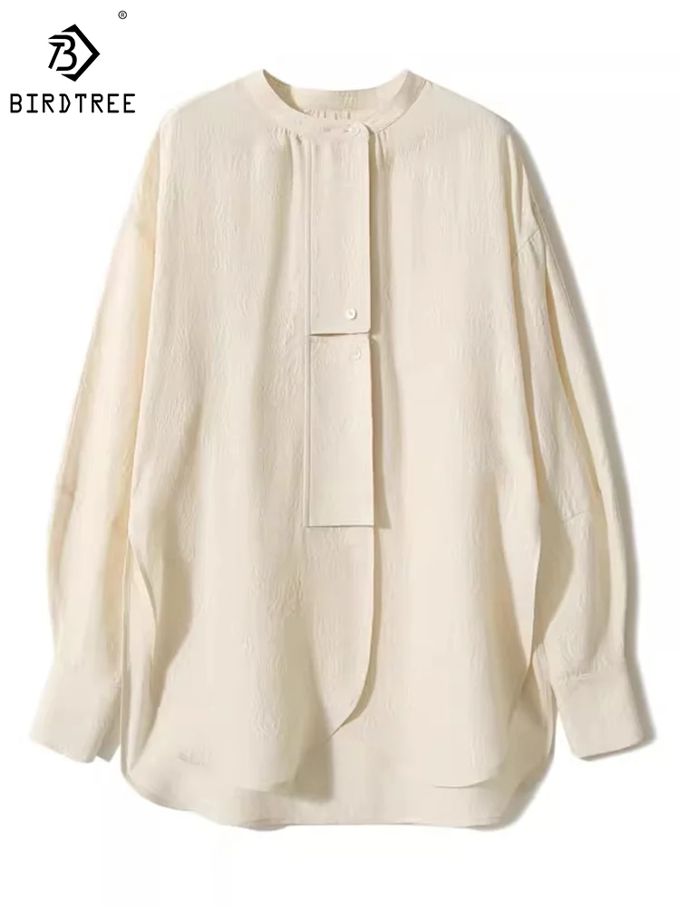

Birdtree 100%Mulberry Silk Fashion Shirts Chic O-Neck Crepe Solid Color Elegant Heavy Shirt Summer Autumn Tops 2023 New T38827QM