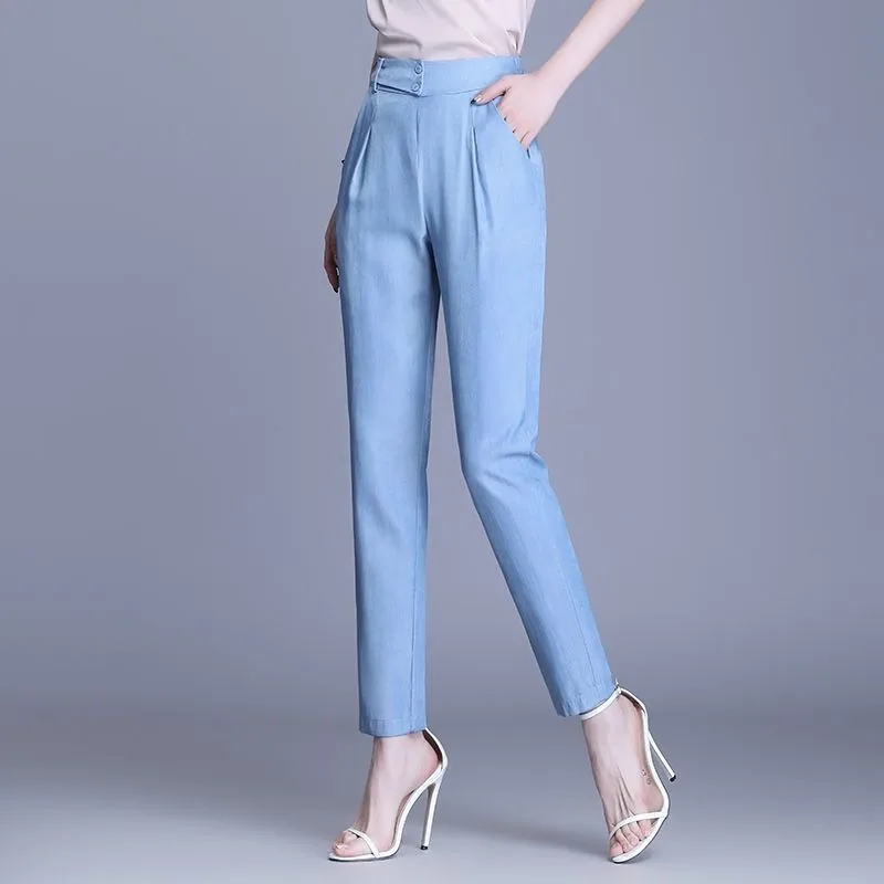 Spring Autumn Women's Clothing Solid Color Elastic High Waist Pockets Casual Office Lady Flattering Trousers Pencil Pants