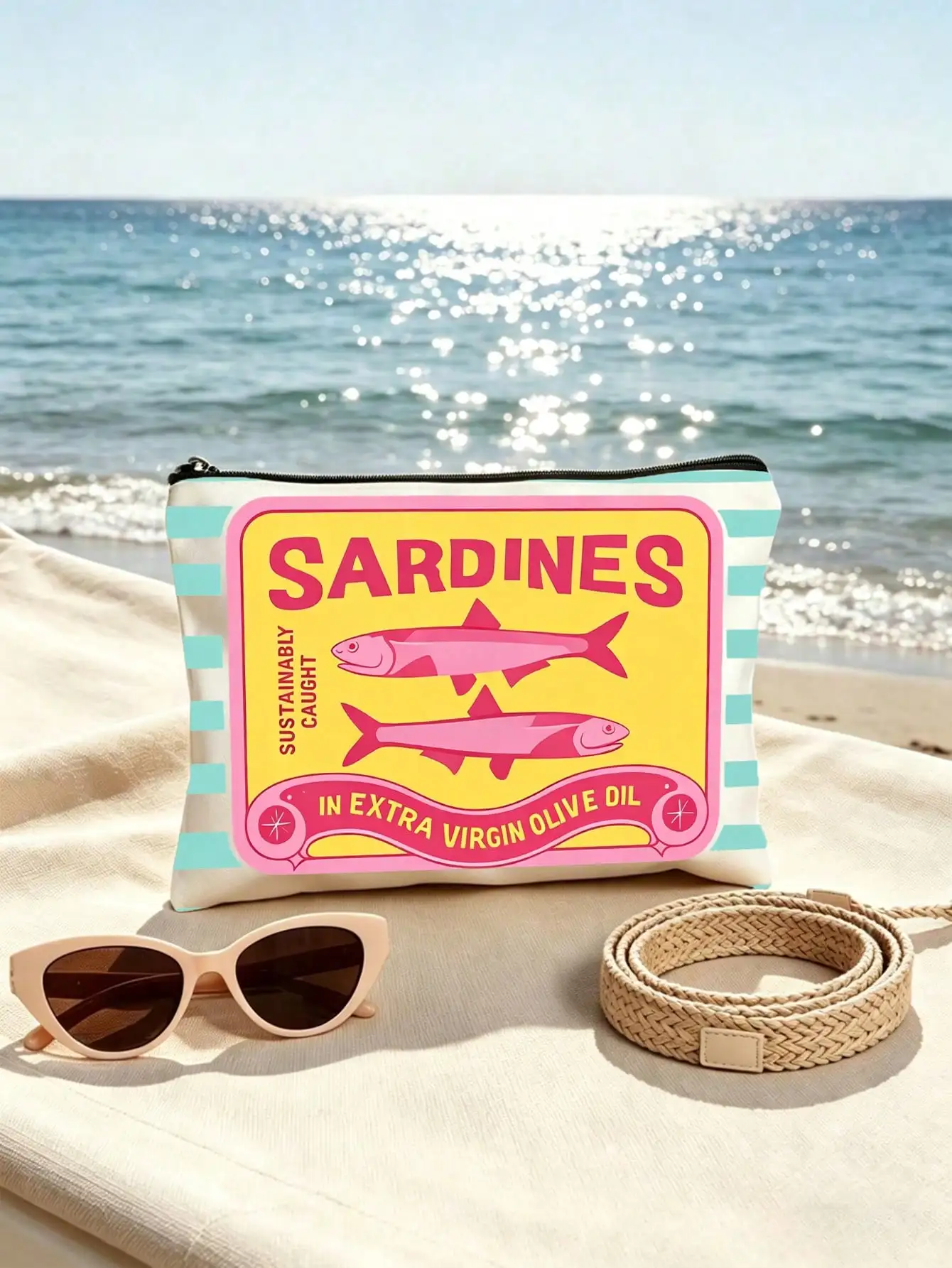 Retro Sardine Patterned Tote and Makeup Bag for Travel and Everyday Use
