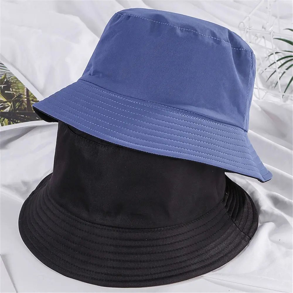 Unisex Hat Black Solid Color Double-Sided Simple Hip Hop Bucket Hats Men's Women's Panama Beach Fishing Sun Cap blue bucket hat