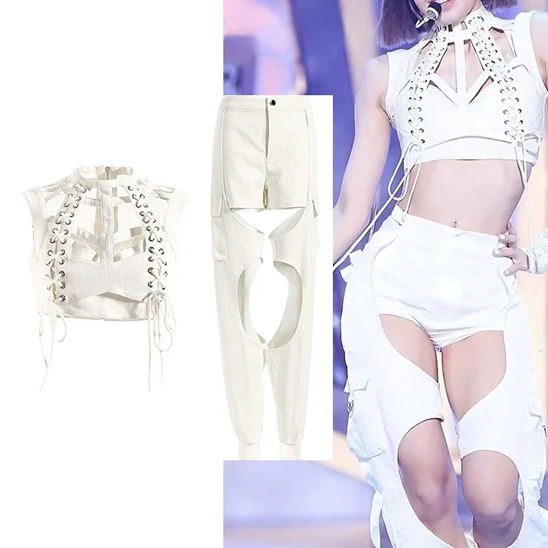 

Kpop Female Summer 2023 High Waist Solid Color Hollow Out Jeans Fashion Women Sleeveless Bandage Short Denim Tops Dropshipping