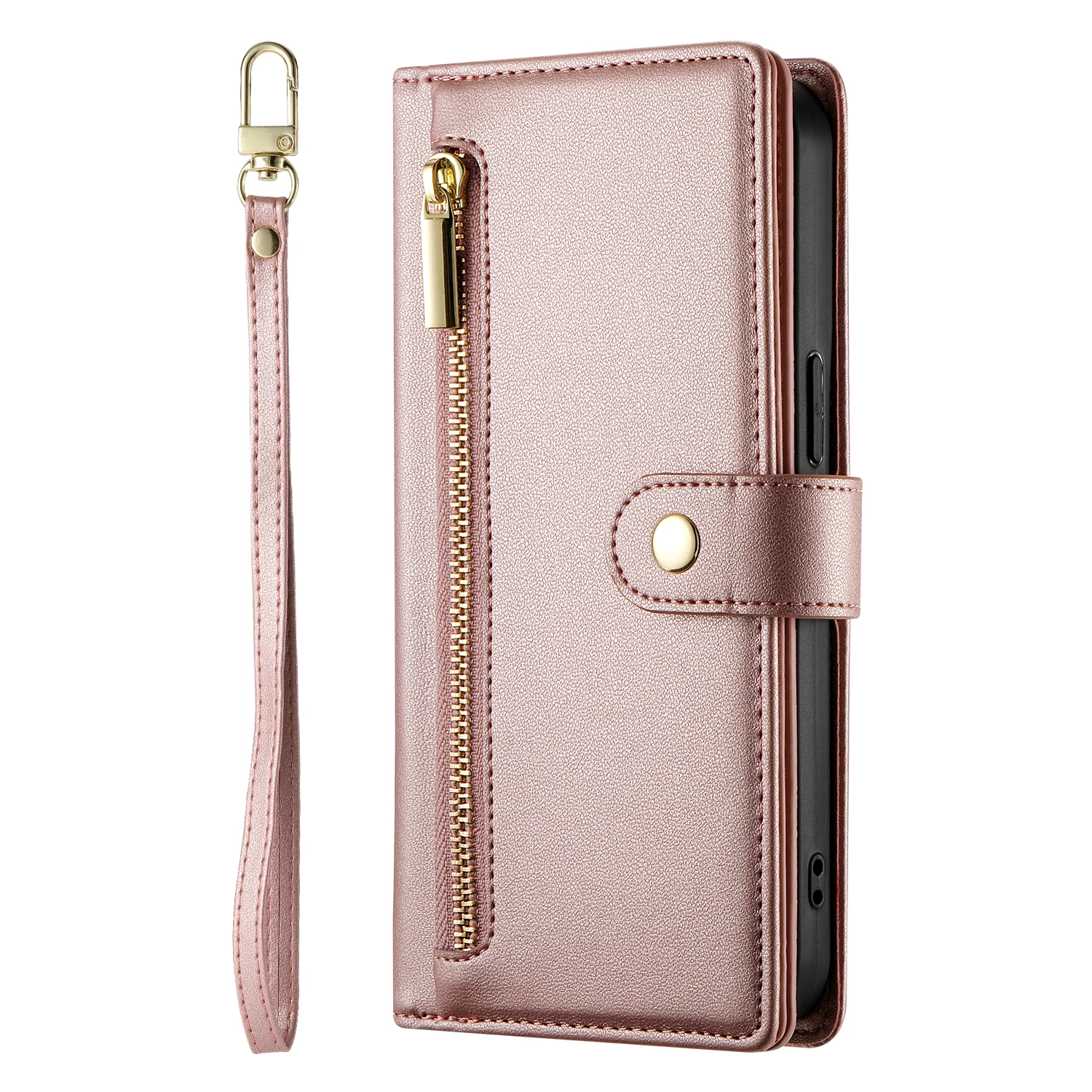 Étui portefeuille en cuir à fermeture éclair pour iPhone 15 Pro Max 16 14 Plus 13 12 11 SE4 XS MAX avec lanière et poche pour cartes_voghion.com