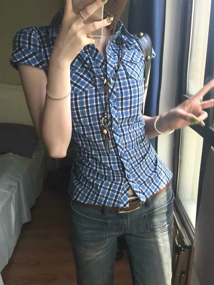 Genayooa Y2k Vintage-Shirt für Damen, kurzärmelig, blau kariert, Bluse und Hemd, Streetwear, japanisches 2000er-Jahre-Shirt, Tops, amerikanisches Retro-Shirt – Detail 7