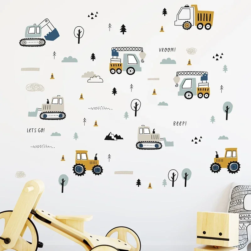 Wall Stickers Hand Drawn Cute Cars Cargo Truck Elements for Kids Room Baby Teen Room Playroom Kindergarten Nursery