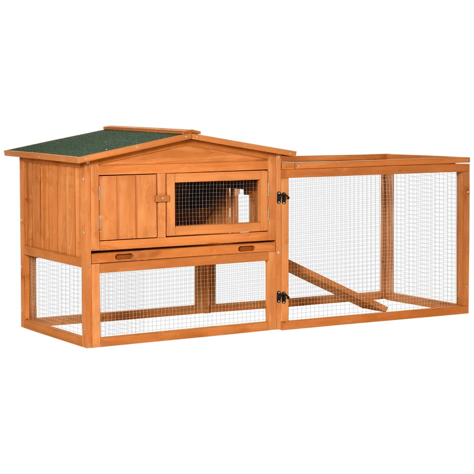 PawHut Wooden Rabbit Hutch With Wheels - Desk/Side Table Sized Small Bunny Cage With Removable Tray & Opening Roof