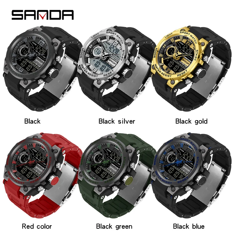 SANDA Trendy Men Multifunctional Dual Display Watch HD LED Digital 50M Waterproof Military Watches Alarm Clock Timing Reloj 9010